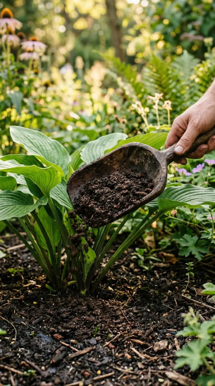 A highly detailed vertical photograph illustrating organic fertilizers, composting, or winter plant protection for “low maintenance flower gardens”