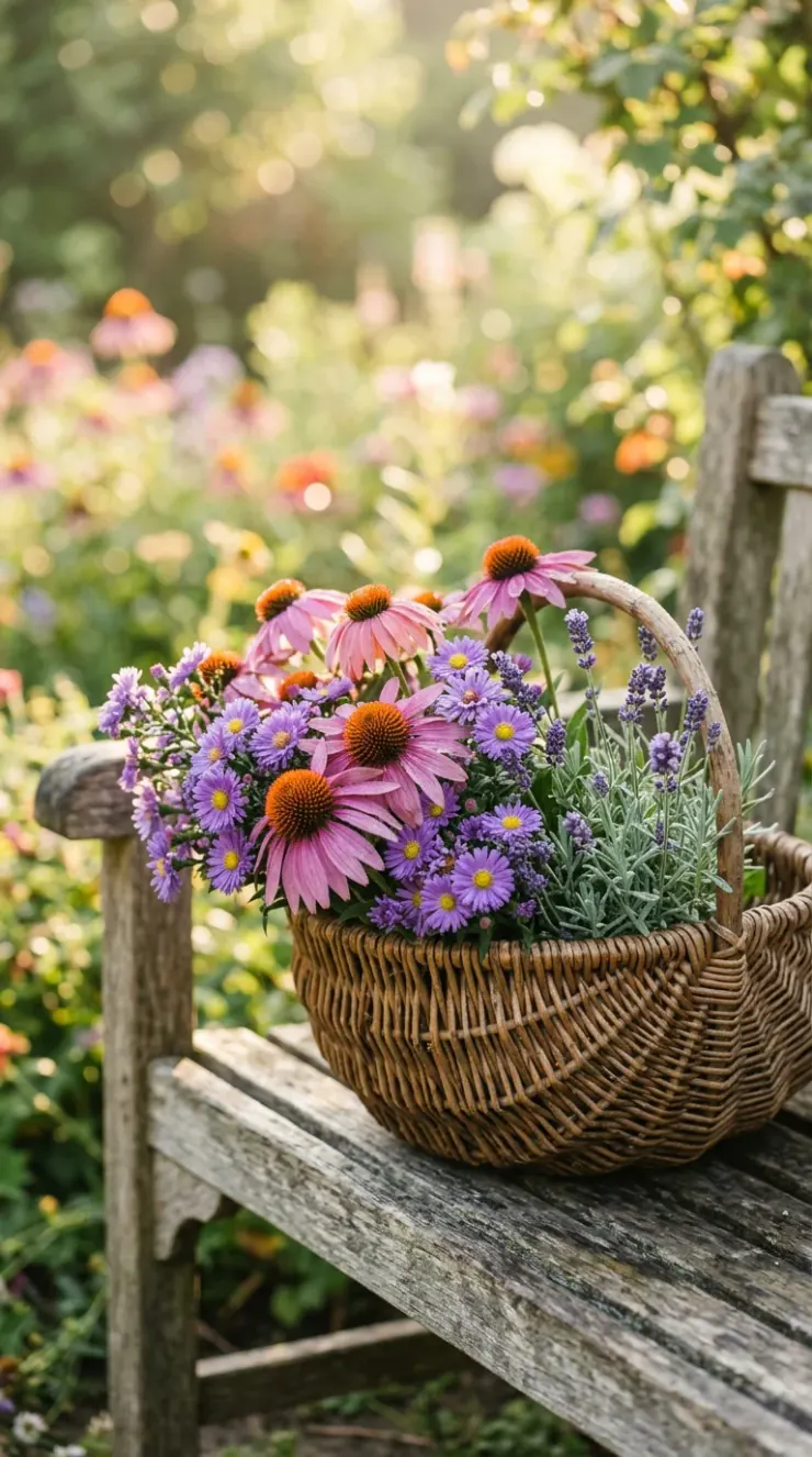 A warm, artistic vertical photograph showing the rewards of gardening: vibrant blossoms, seed collection, or a neighborly garden harvest of “low maintenance flower gardens”