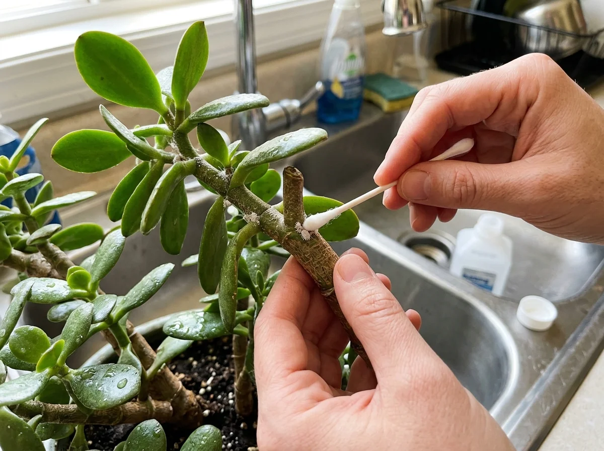 Spot-killing mealybugs with alcohol on a cotton swab