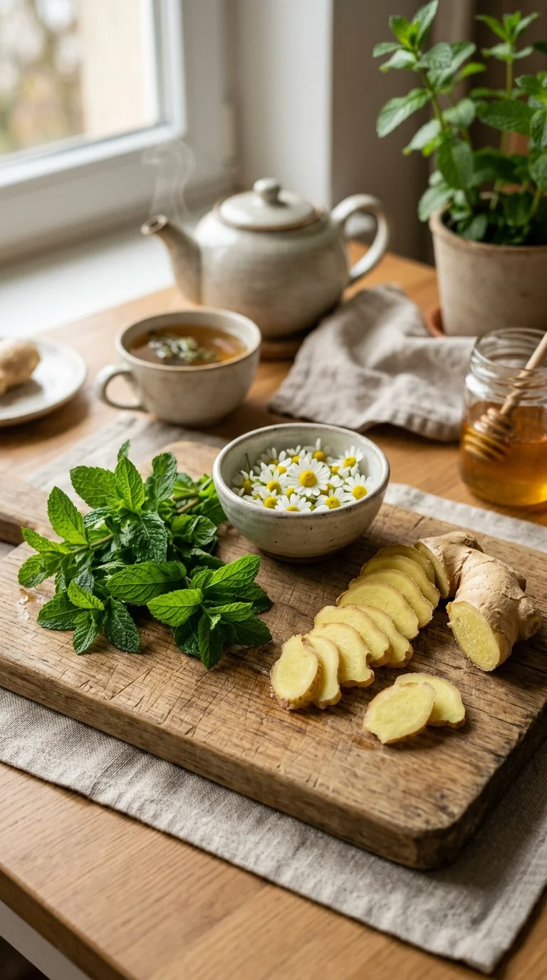 Fresh chamomile flowers harvested for making herbal tea, shown in a woven basket with morning dew
