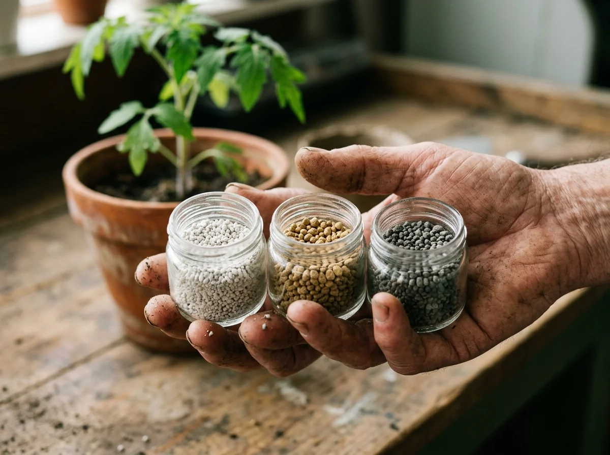 Close-up of three fertilizer types showing nitrogen, phosphorus and potassium granules