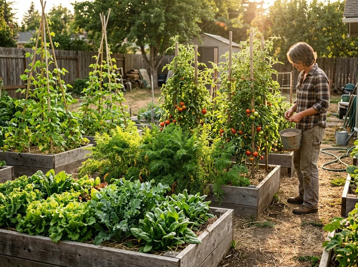 Healthy vegetable garden organized by crop groups needing different NPK ratios