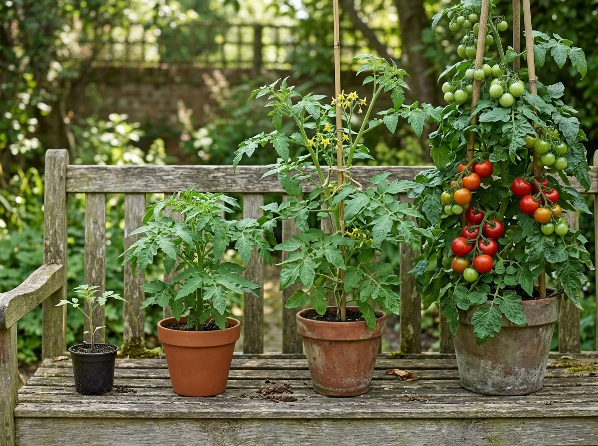 Tomato growth stages from seedling to fruiting showing when to switch NPK ratios