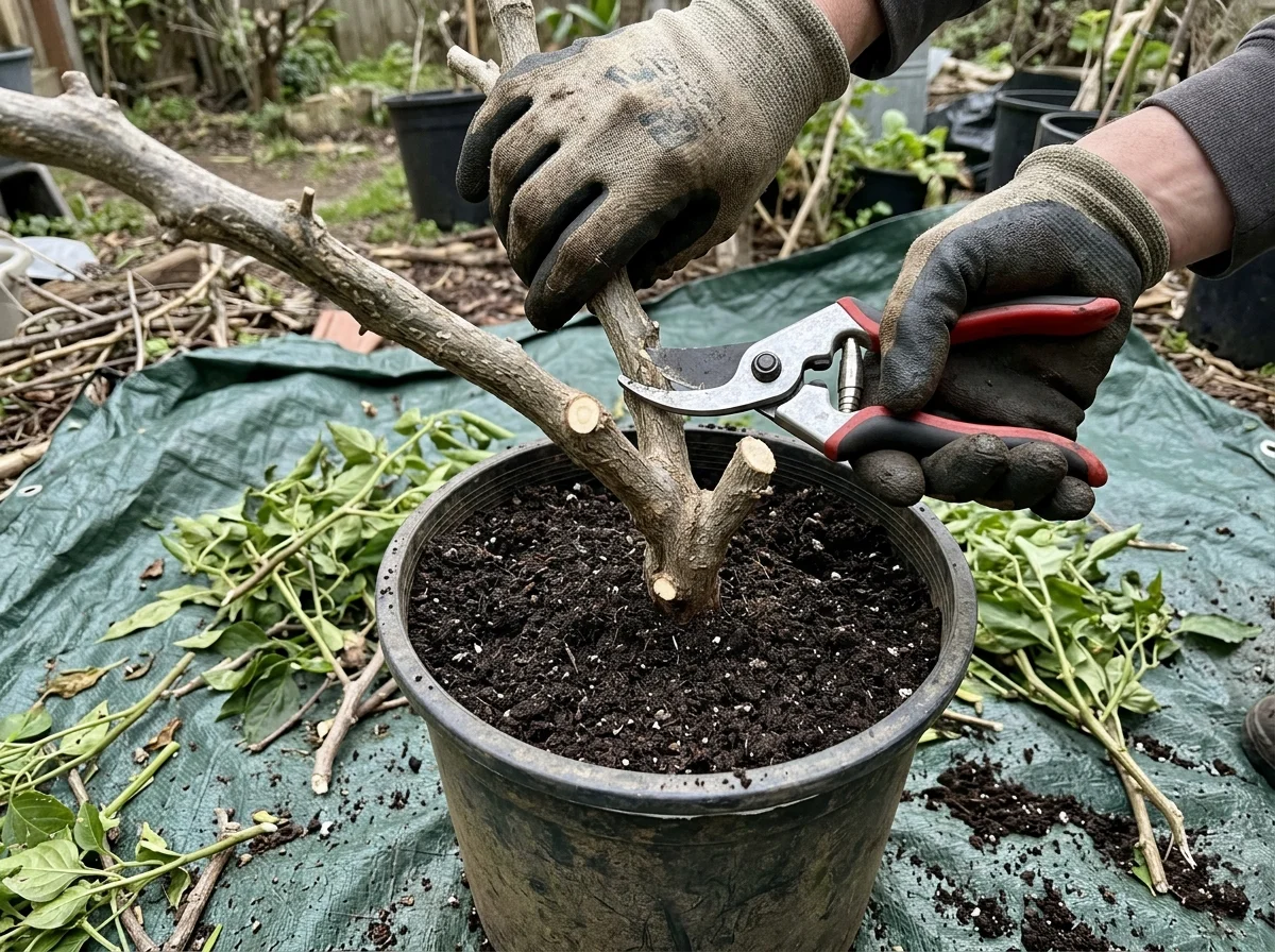Pruning a pepper plant for overwintering