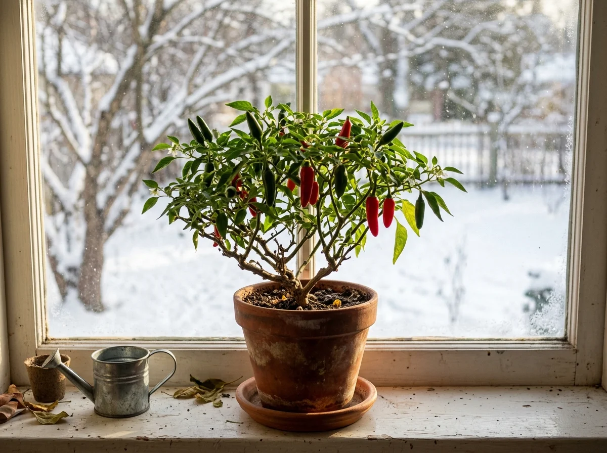 Overwintered pepper plant on a sunny windowsill