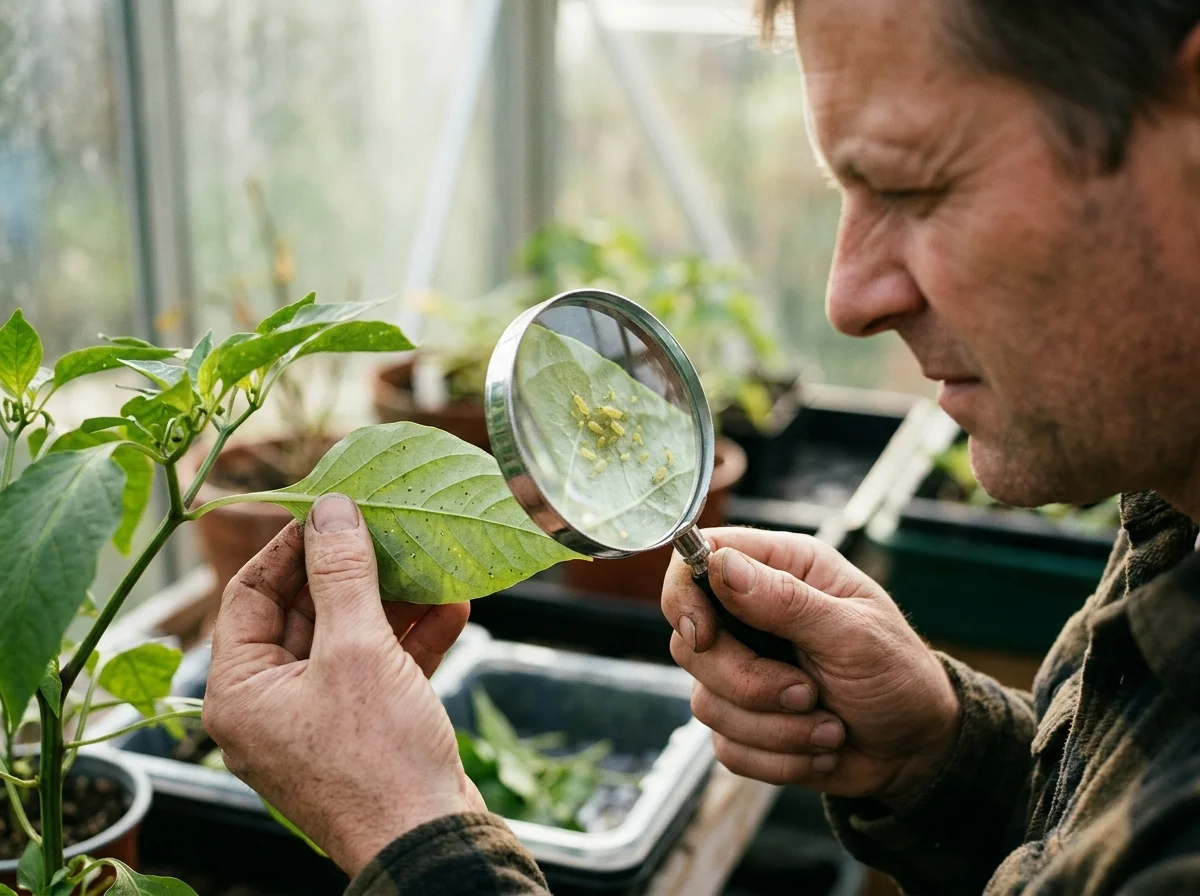 Checking overwintered peppers for pests