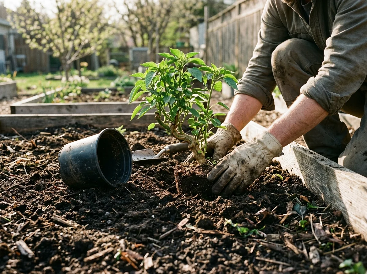 Transplanting a revived pepper plant in spring