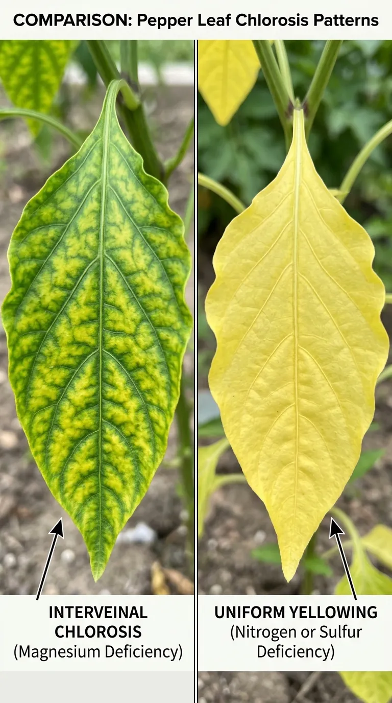 Pepper leaf yellowing pattern comparison healthy vs deficient leaves side by side