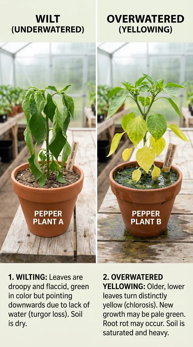 Yellowing pepper leaves from spider mites and aphids on leaf undersides