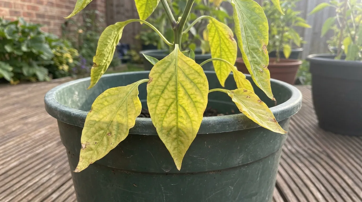 Pepper plant with yellowing leaves in raised bed showing lower chlorosis