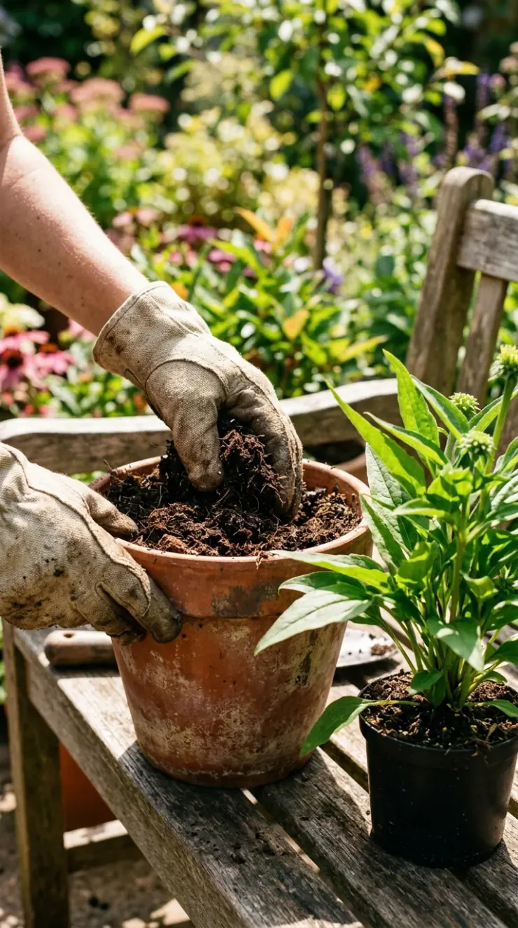 A detailed closeup illustration focusing on preparing and potting soil for “best perennial flowers for full sun”
