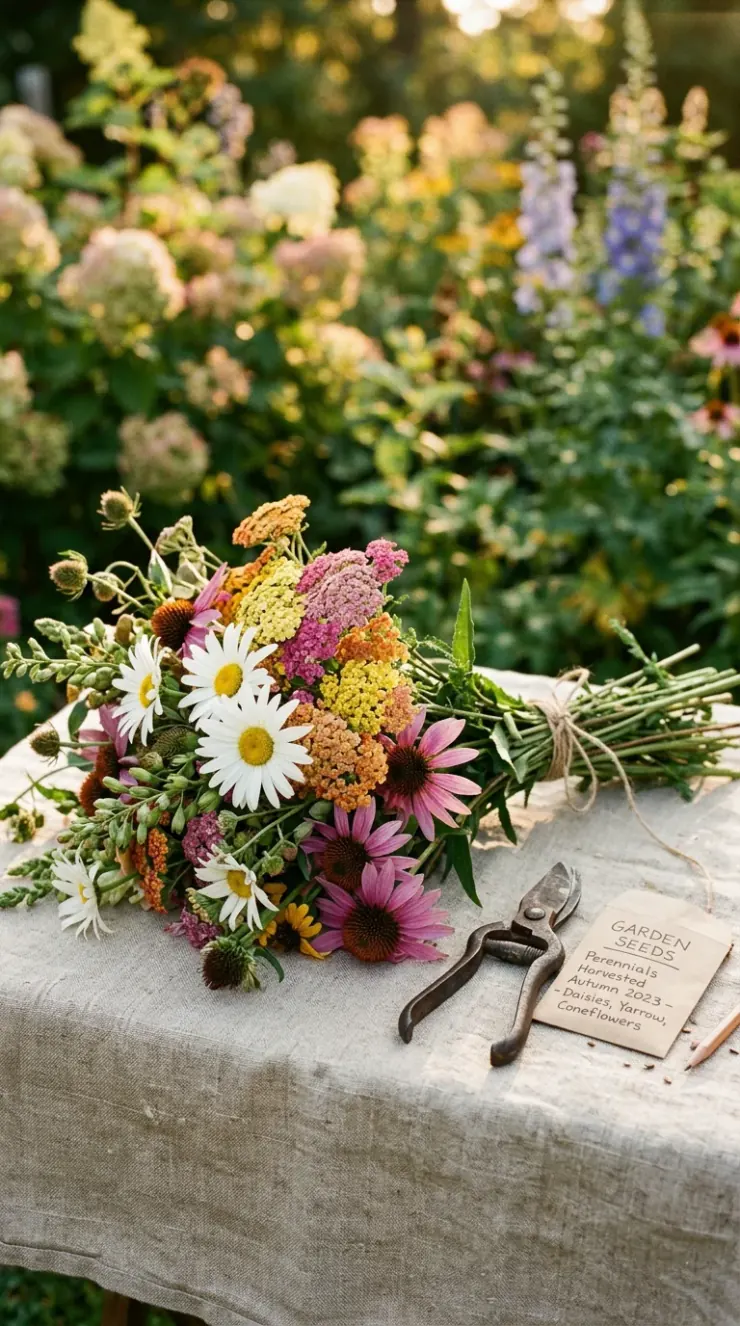 A warm, artistic vertical photograph showing the rewards of gardening: vibrant blossoms, seed collection, or a neighborly garden harvest of “perennial flowers”