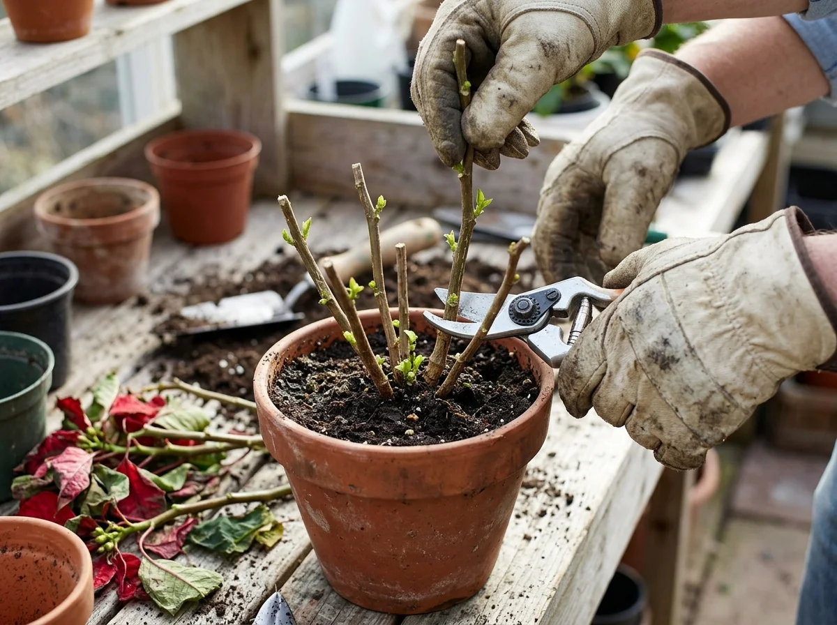 Pruning poinsettia stems back to 4 to 6 inches in spring