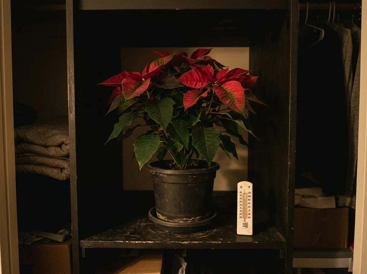Poinsettia in a dark closet for the nightly rebloom treatment