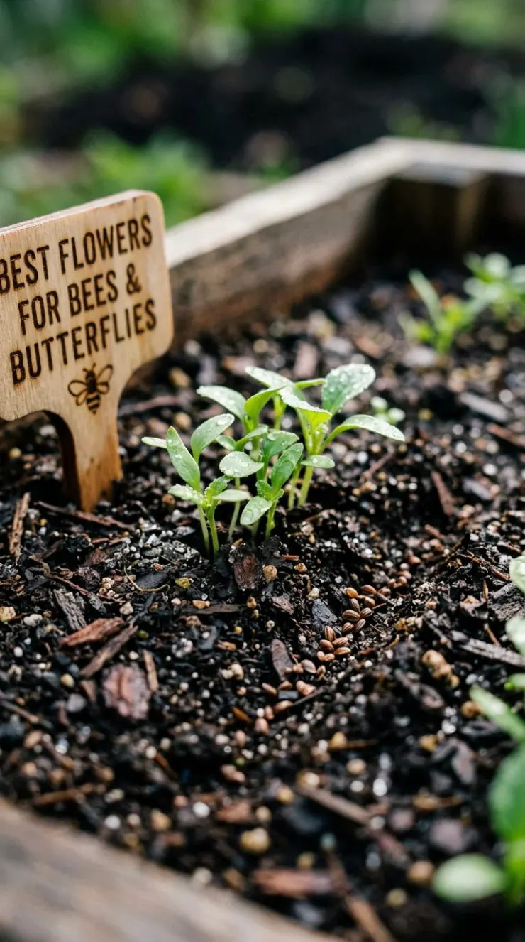 A detailed closeup illustration focusing on preparing and potting soil for “best flowers for bees and butterflies”