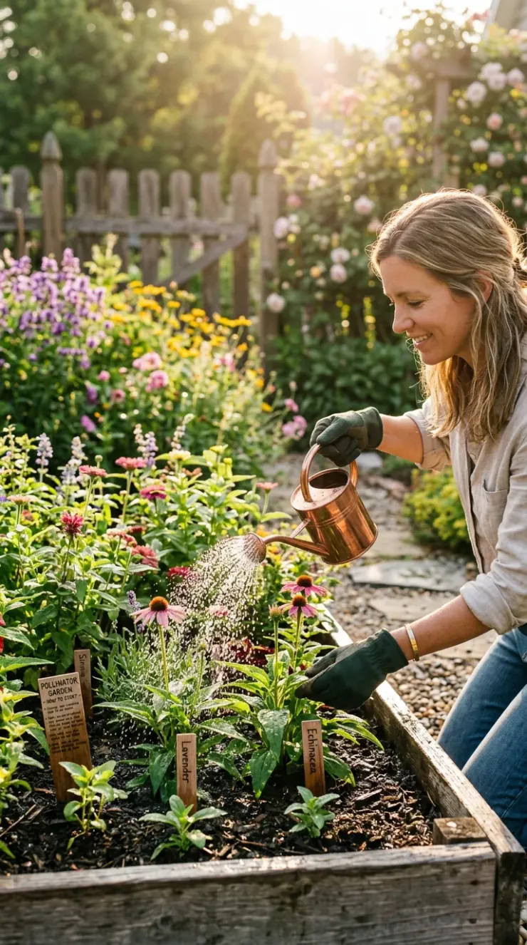 A helpful step-by-step care and watering illustration for “how to start a pollinator garden”