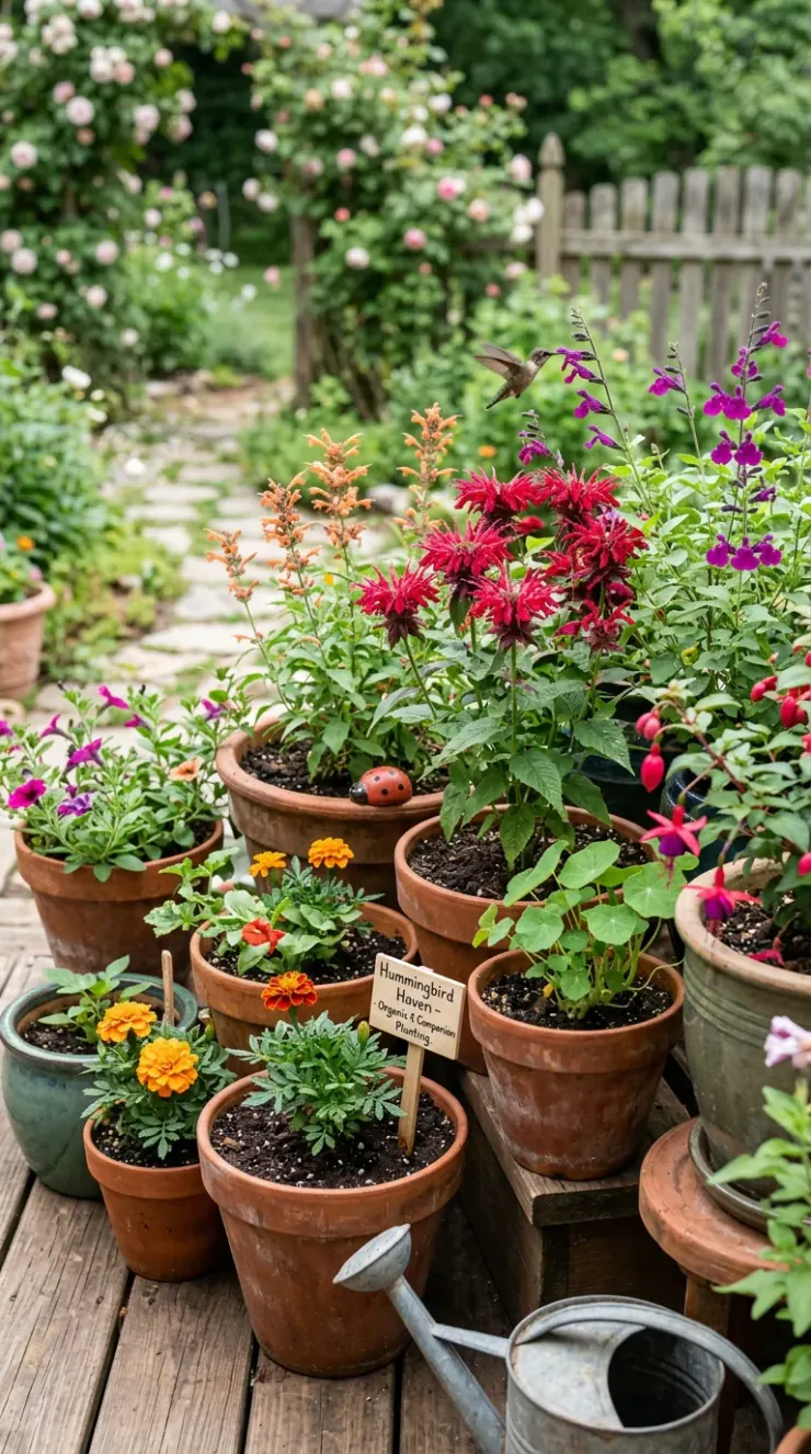 Organic pest protection, companion planting, or outdoor container garden layout for “hummingbird friendly flowers”