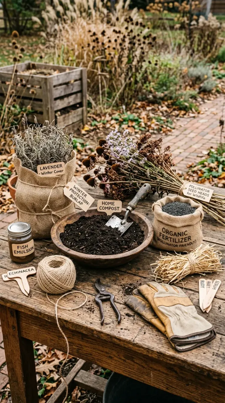 A highly detailed vertical photograph illustrating organic fertilizers, composting, or winter plant protection for “pollinator garden flowers”