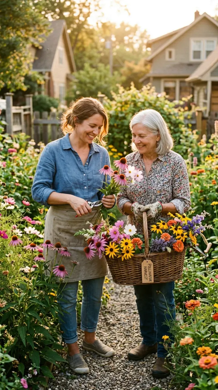 A warm, artistic vertical photograph showing the rewards of gardening: vibrant blossoms, seed collection, or a neighborly garden harvest of “pollinator garden flowers”
