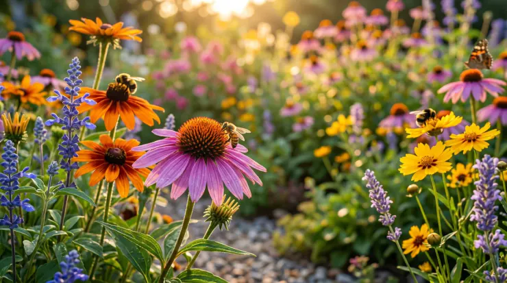 A beautiful, sunlit hero image overview for the topic of “pollinator garden flowers”