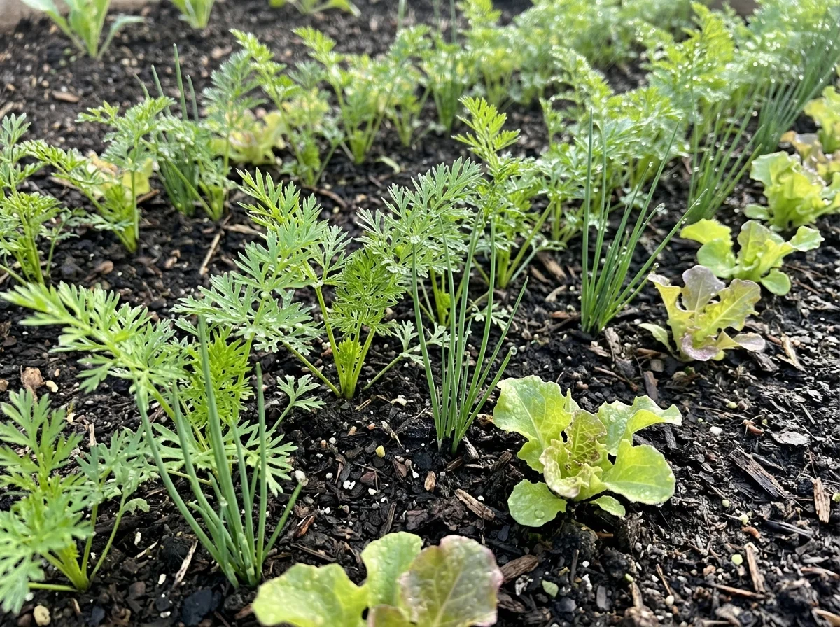 Carrots growing with chives and lettuce companions