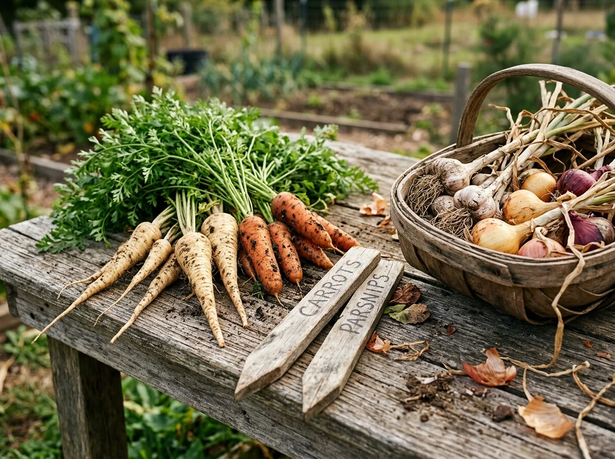 Parsnips, onions and garlic harvested from the garden