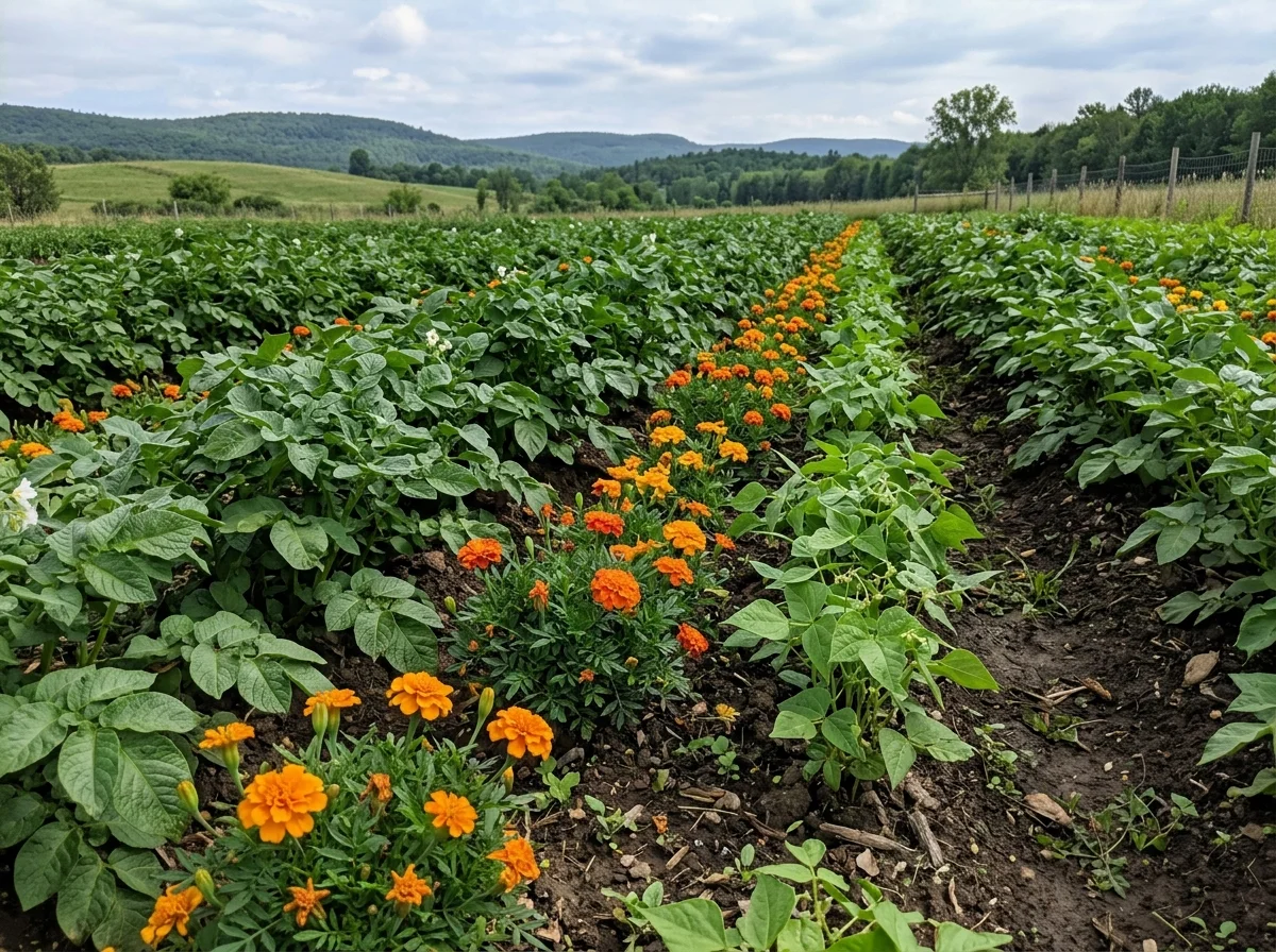 Potatoes planted with marigolds and beans