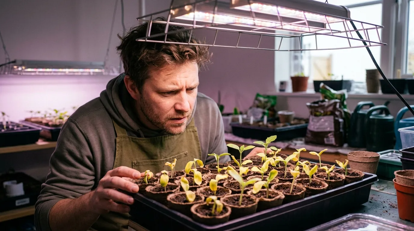 Close-up of pale yellow seedlings in a tray showing stress