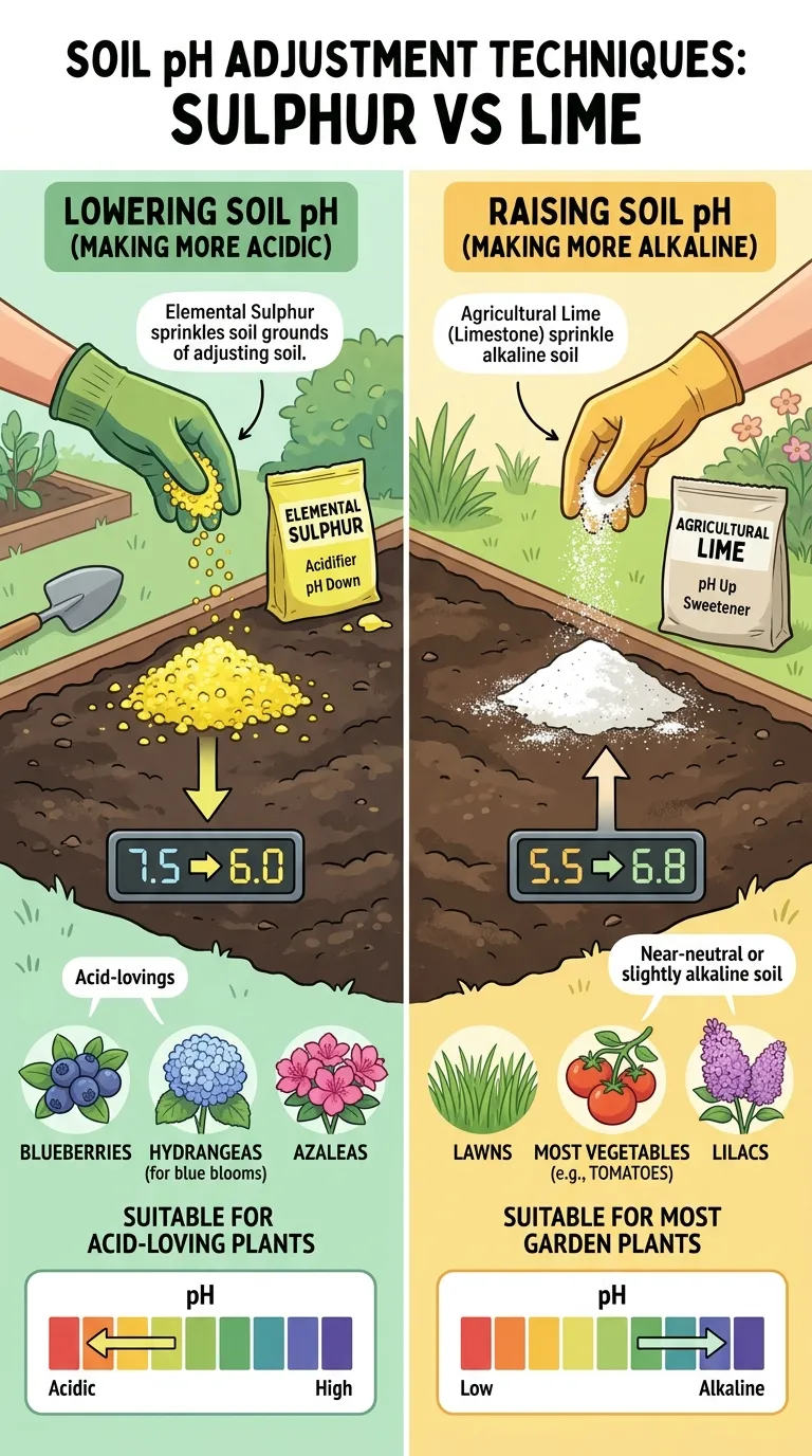 Applying garden lime and sulfur to adjust soil pH seasonally