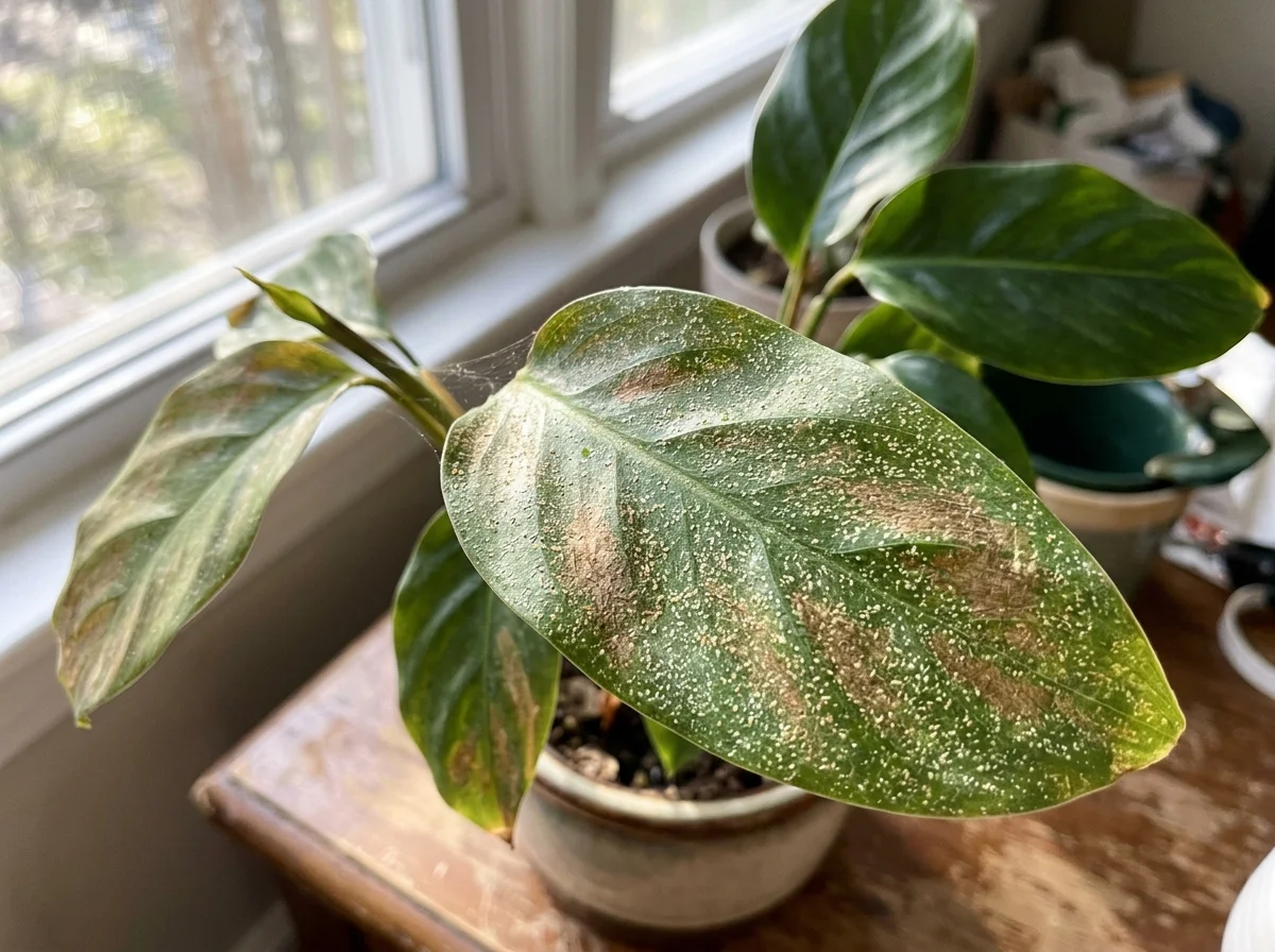 Houseplant leaves showing stippling and bronzing from spider mites