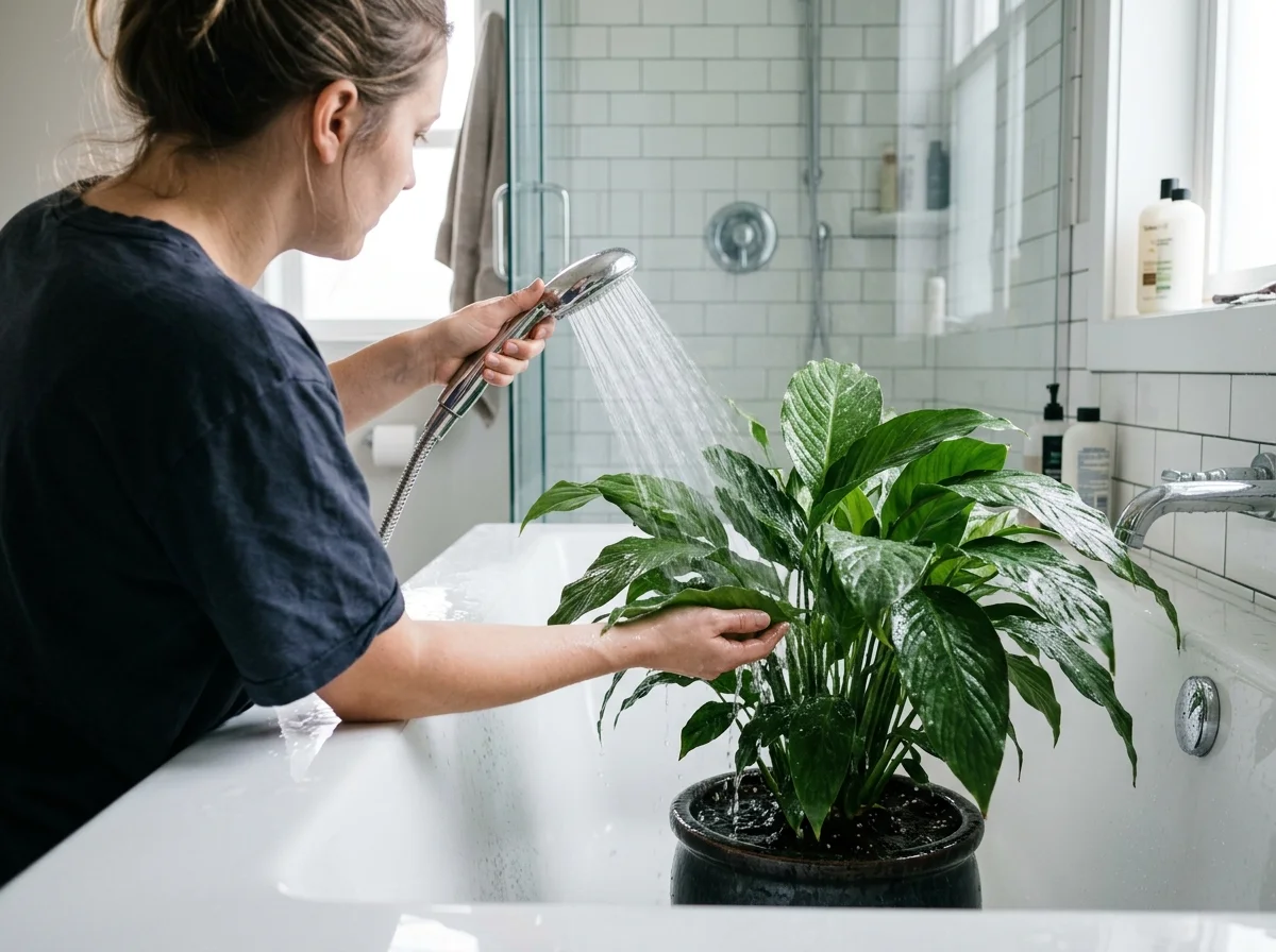 Rinsing a houseplant shower to remove spider mites