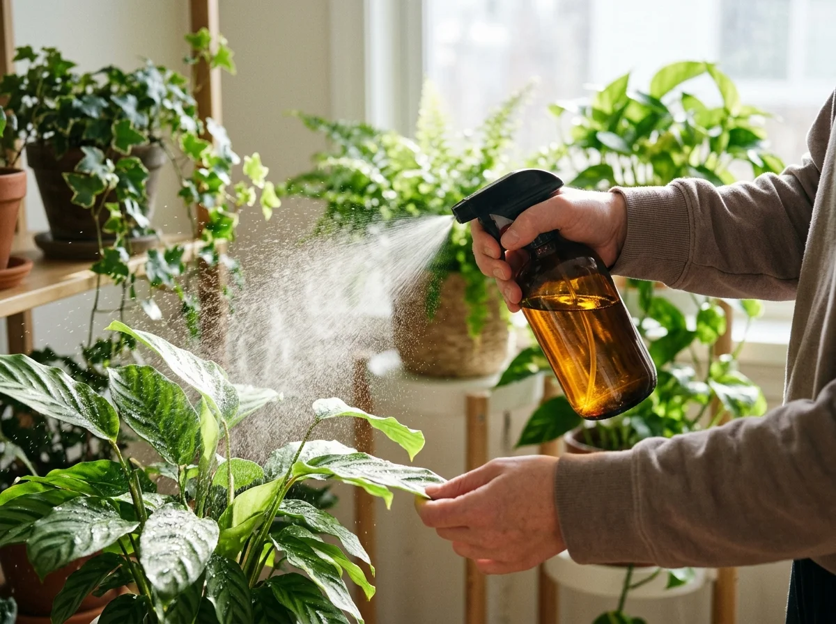 Spraying houseplant leaves with neem oil treatment