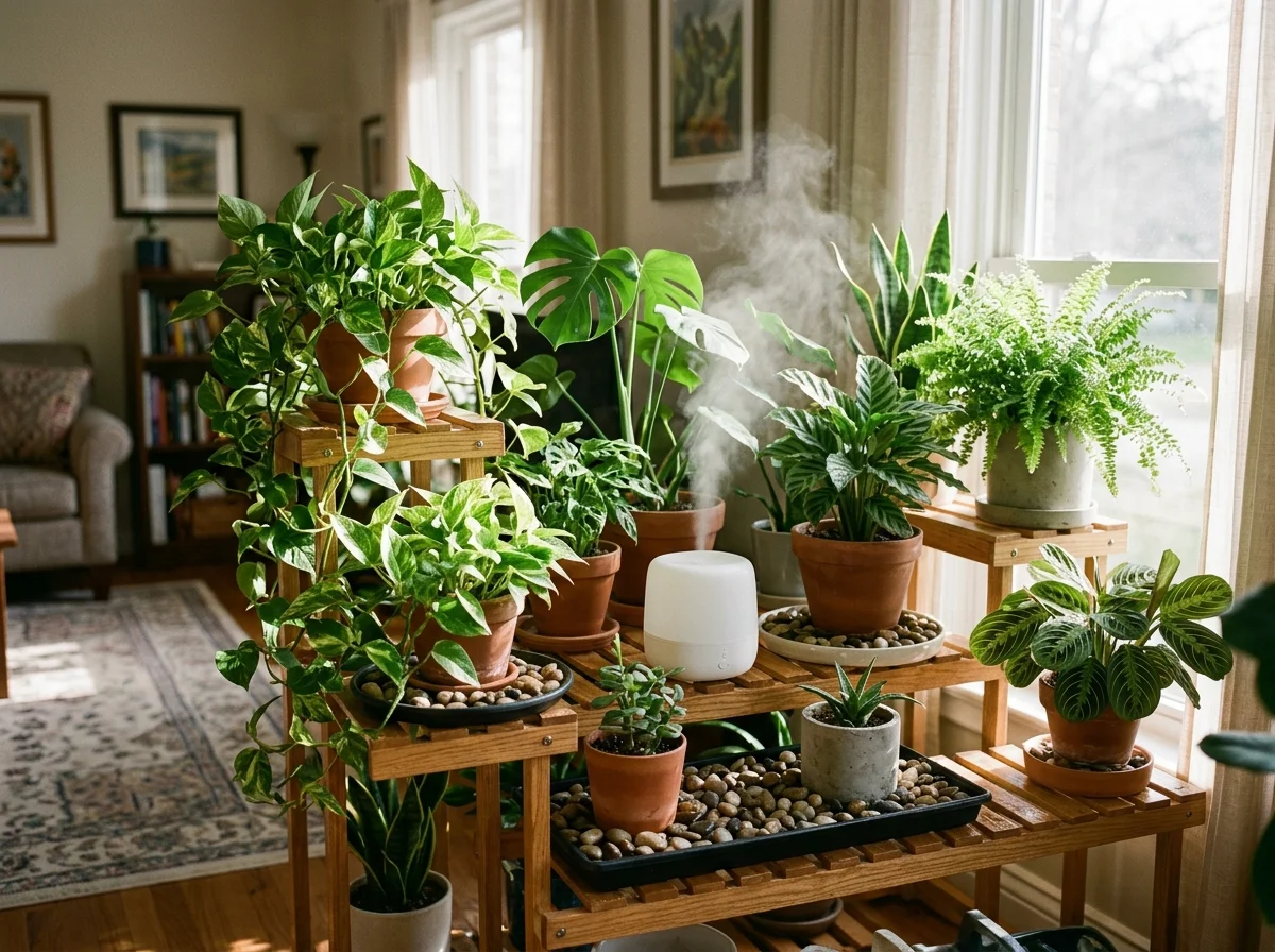 Grouped houseplants with pebble trays for humidity