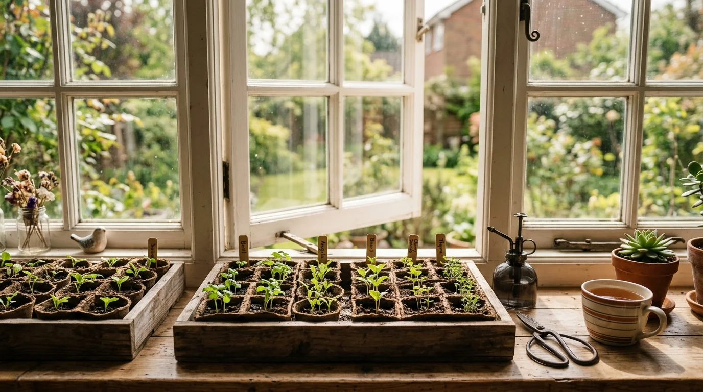 Seedlings growing under lights in seed starting trays