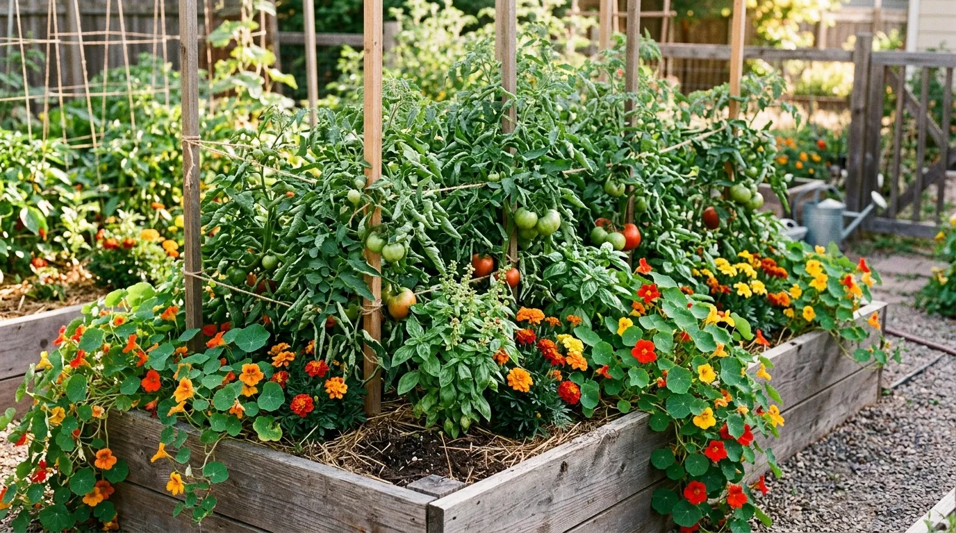 French marigolds and basil companion planting with tomatoes