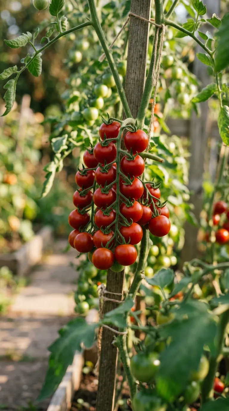 Harvest basket with tomatoes, basil, and carrots from companion planting bed