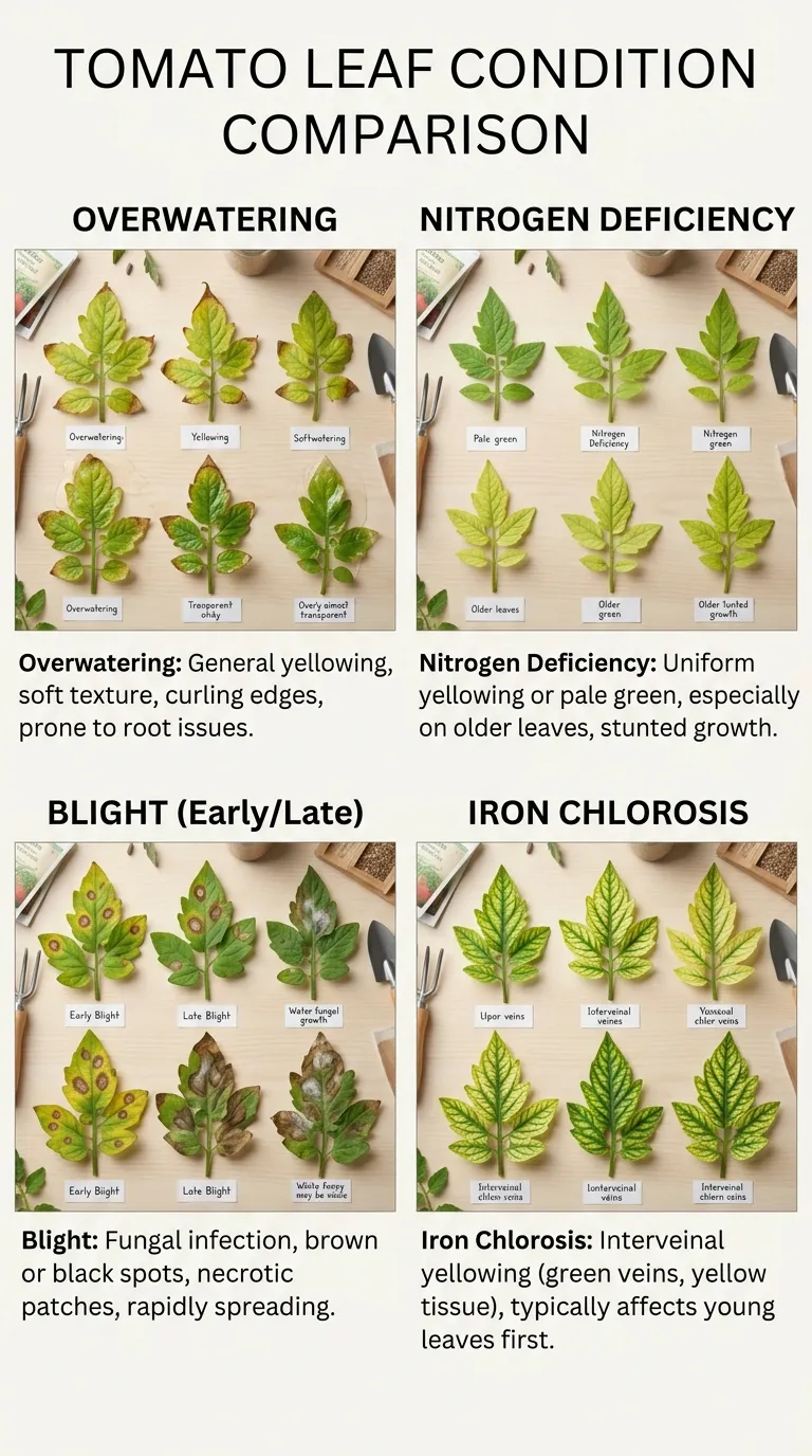 Close-up comparison of tomato leaf yellowing patterns for diagnosis
