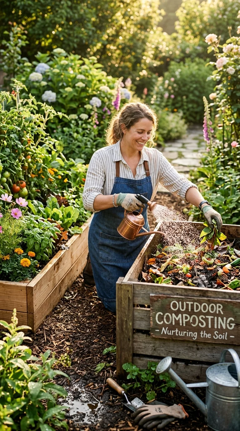 An illustration of a healthy backyard compost bin with steam rising from it, showing active decomposition