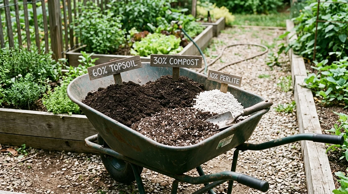 Vegetable garden layout with raised beds and paths