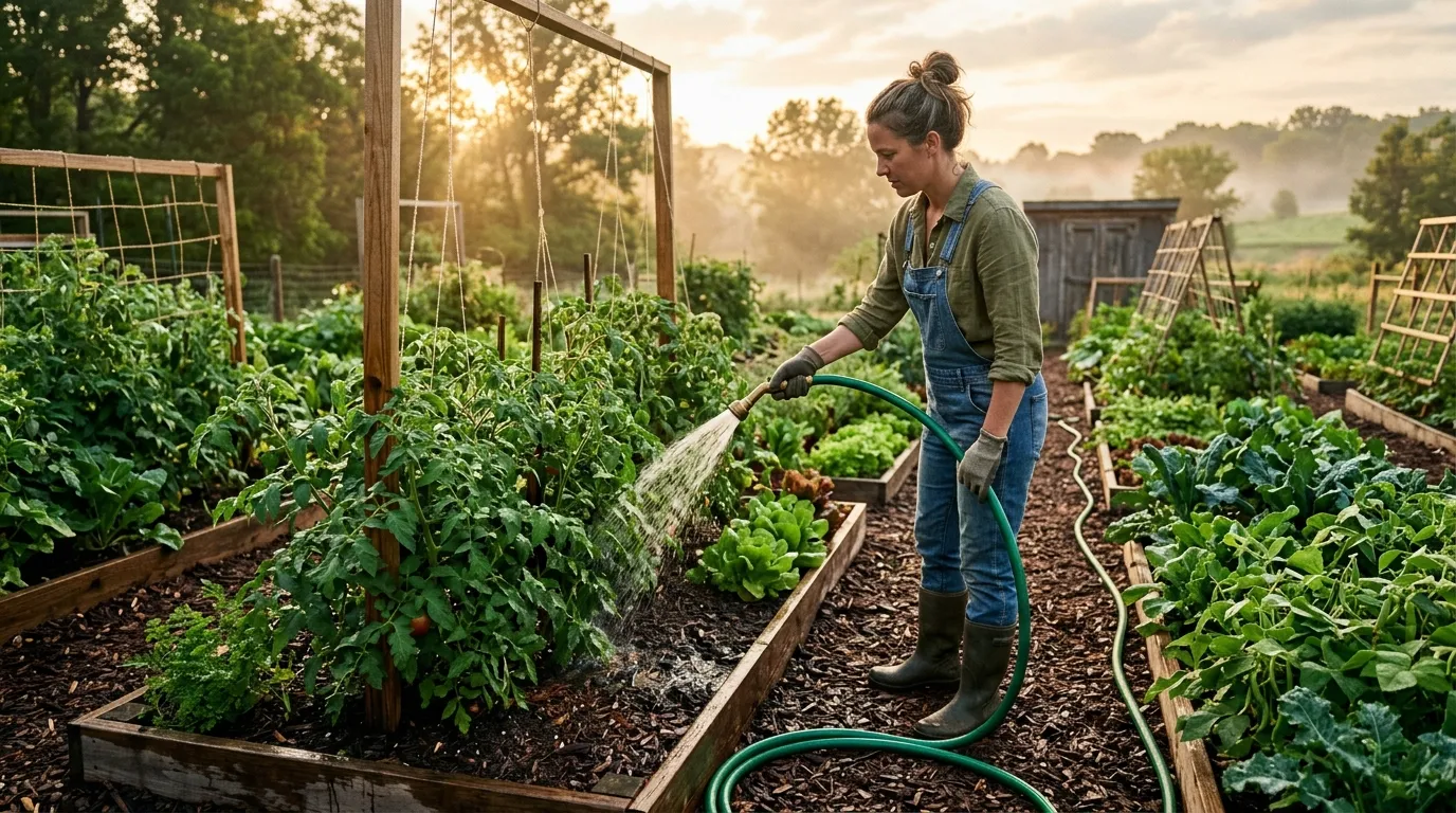 Garden notebook with weekly watering schedule next to a rain gauge