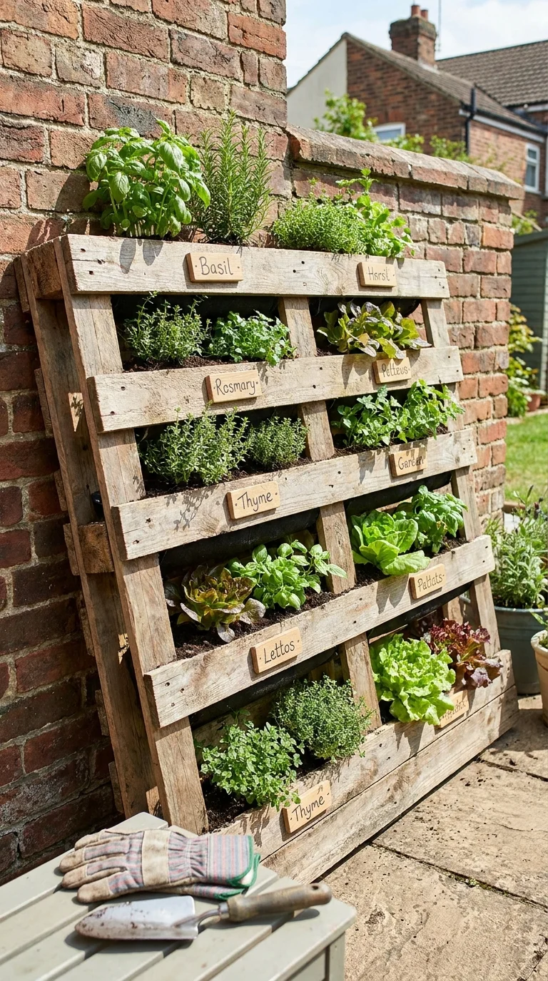 DIY wooden pallet garden against a wall