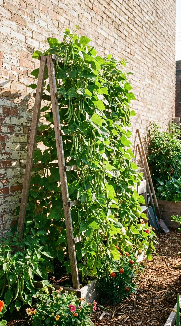 Pole beans climbing a trellis against a sunny wall