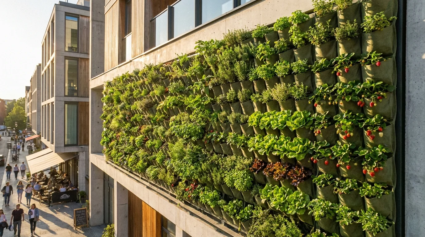 A thriving vertical garden wall with herbs, lettuce, and strawberries growing in tiered pockets
