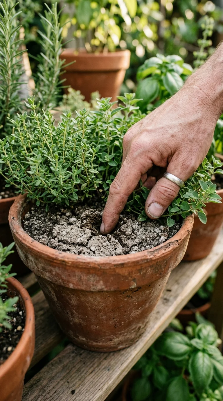 A closeup of a rosemary plant showing dry, well-draining soil with a finger checking moisture level