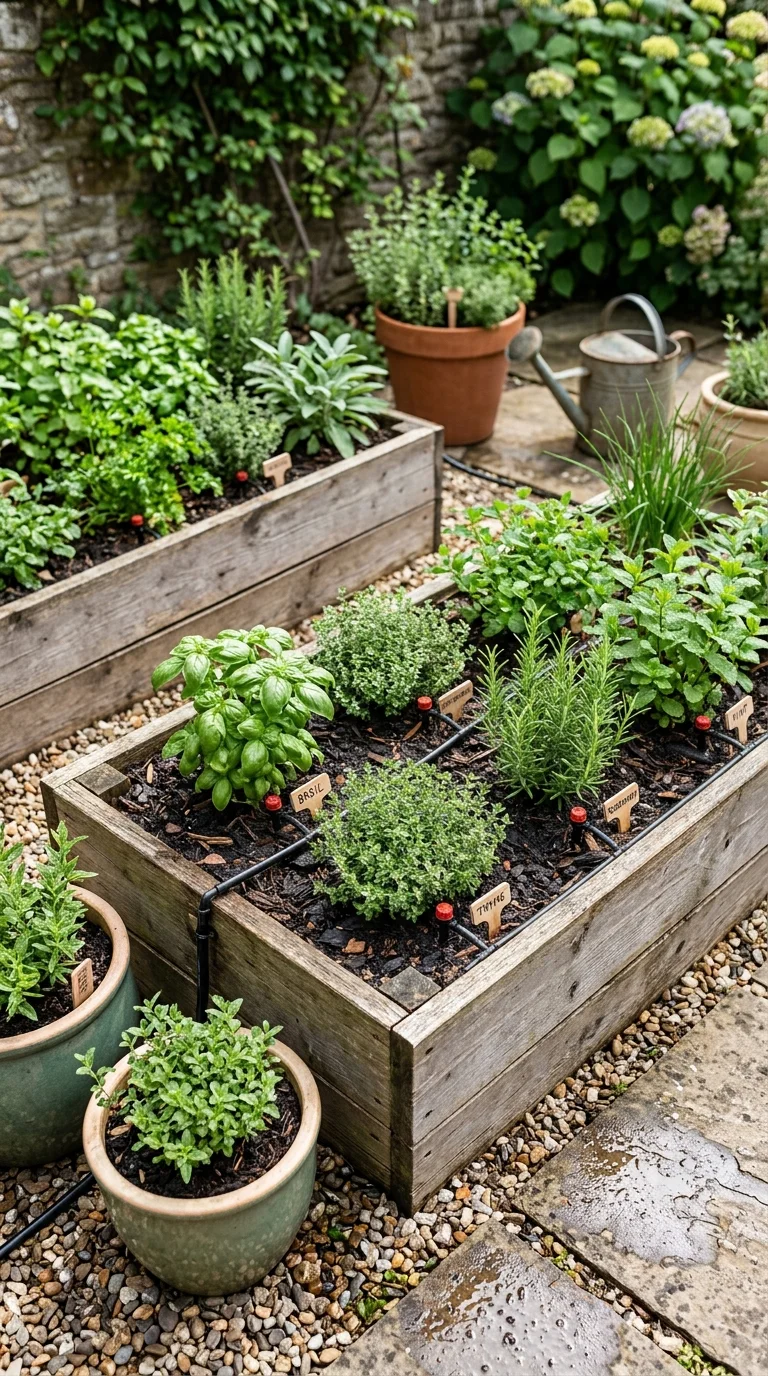 An illustration showing the difference between drip irrigation and overhead watering for herb containers