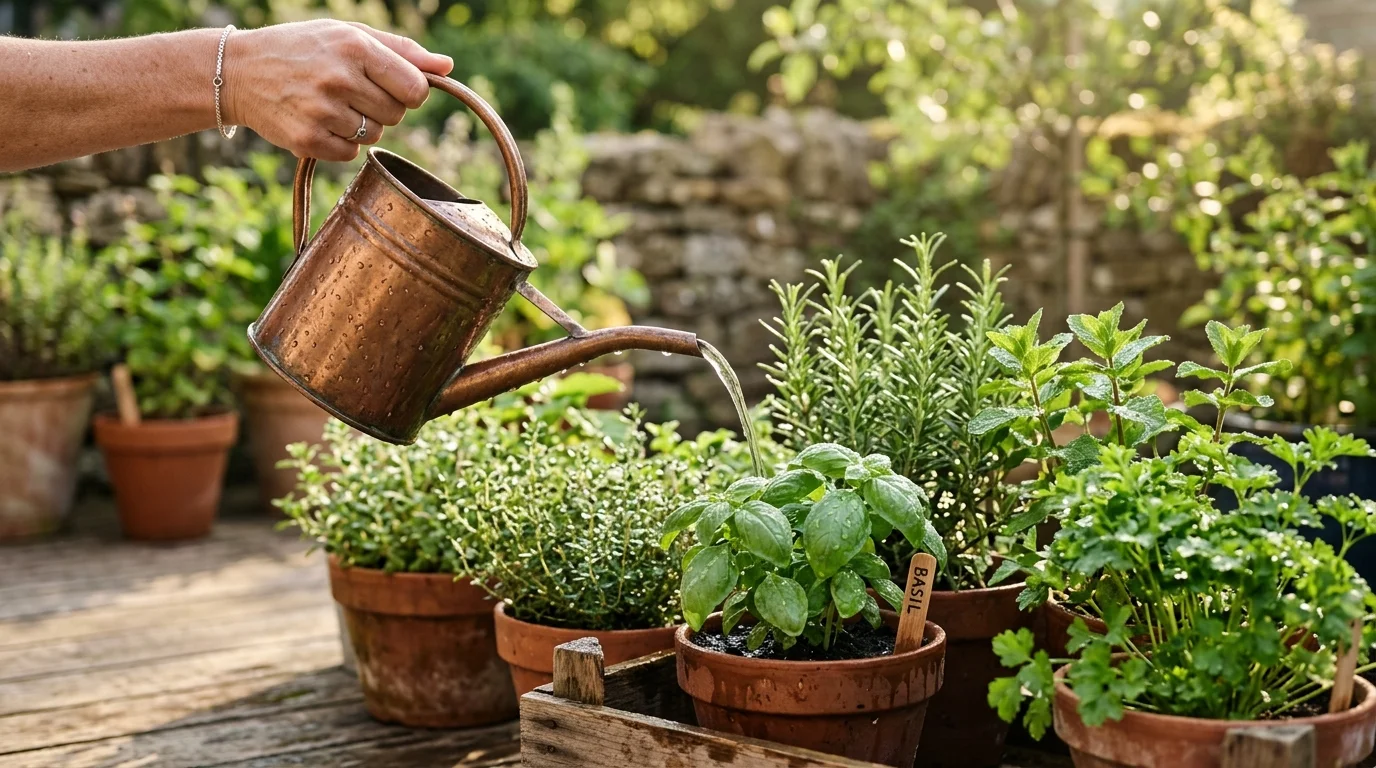 A well-organized herb garden with different watering needs labeled, showing Mediterranean and tropical herbs grouped separately