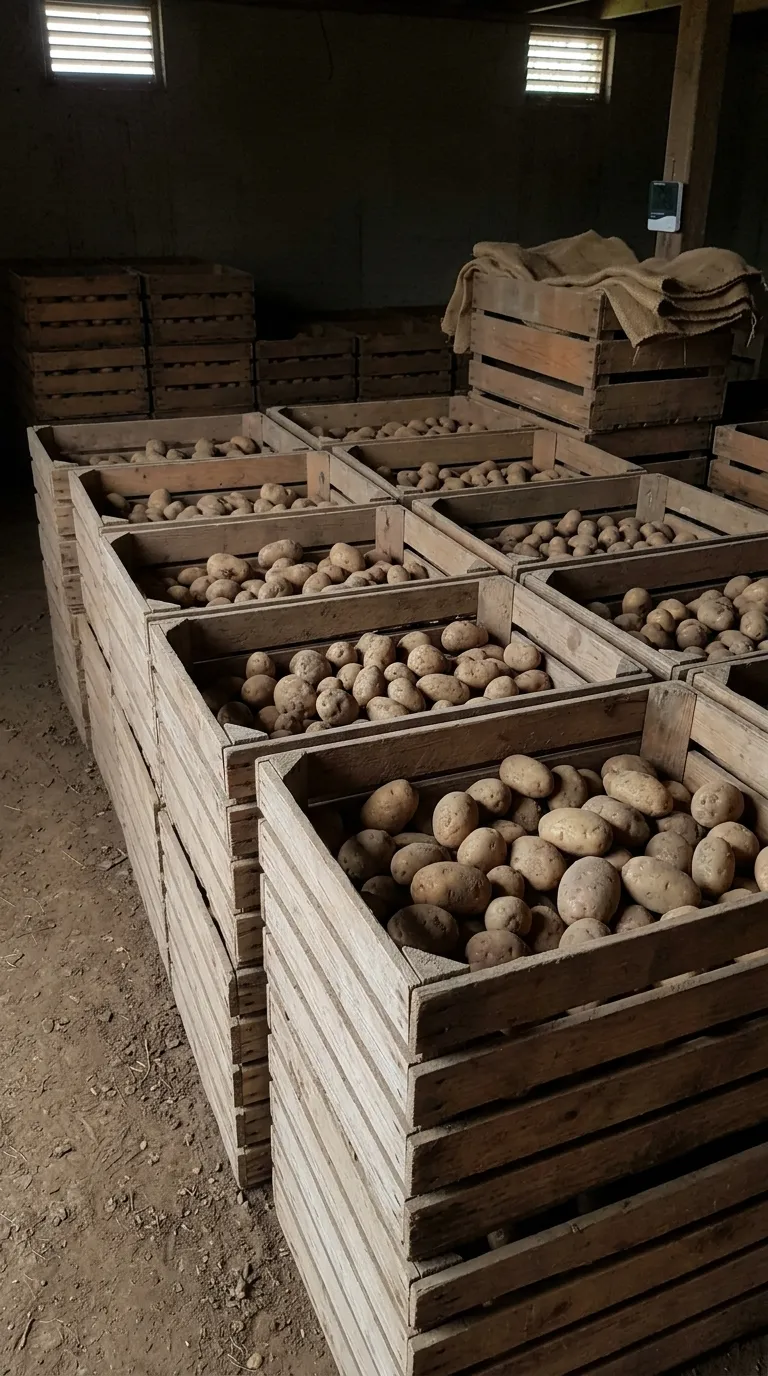 Crates of cured potatoes ready for winter storage