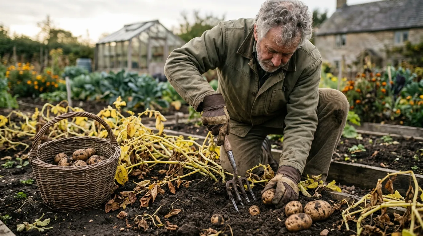 Mature potatoes being harvested from the garden