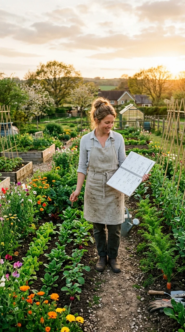 Garden bed with various vegetables at different growth stages