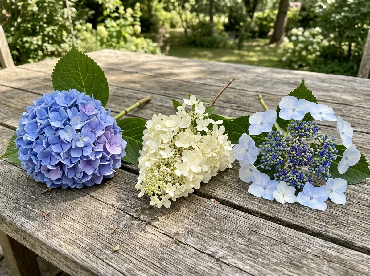 Mophead, panicle, and lacecap hydrangea bloom shapes compared